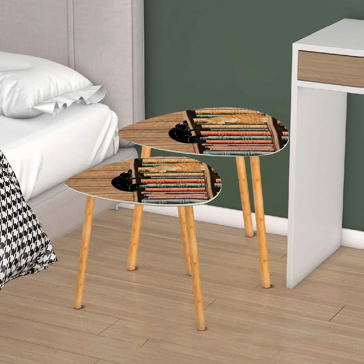 Kitschy Cats and Books Triangle Coffee Table Set of 2 (Made in USA)