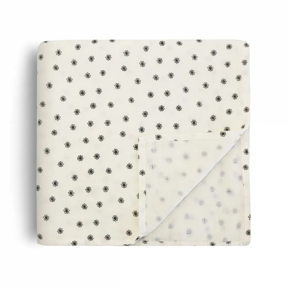 Mushie Organic Cotton Muslin Baby Swaddle - Black Daisy