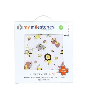 My Milestones 100% Cotton Muslin Baby Blanket - 4 Layered (43x43 inches) - Zoo Print Yellow