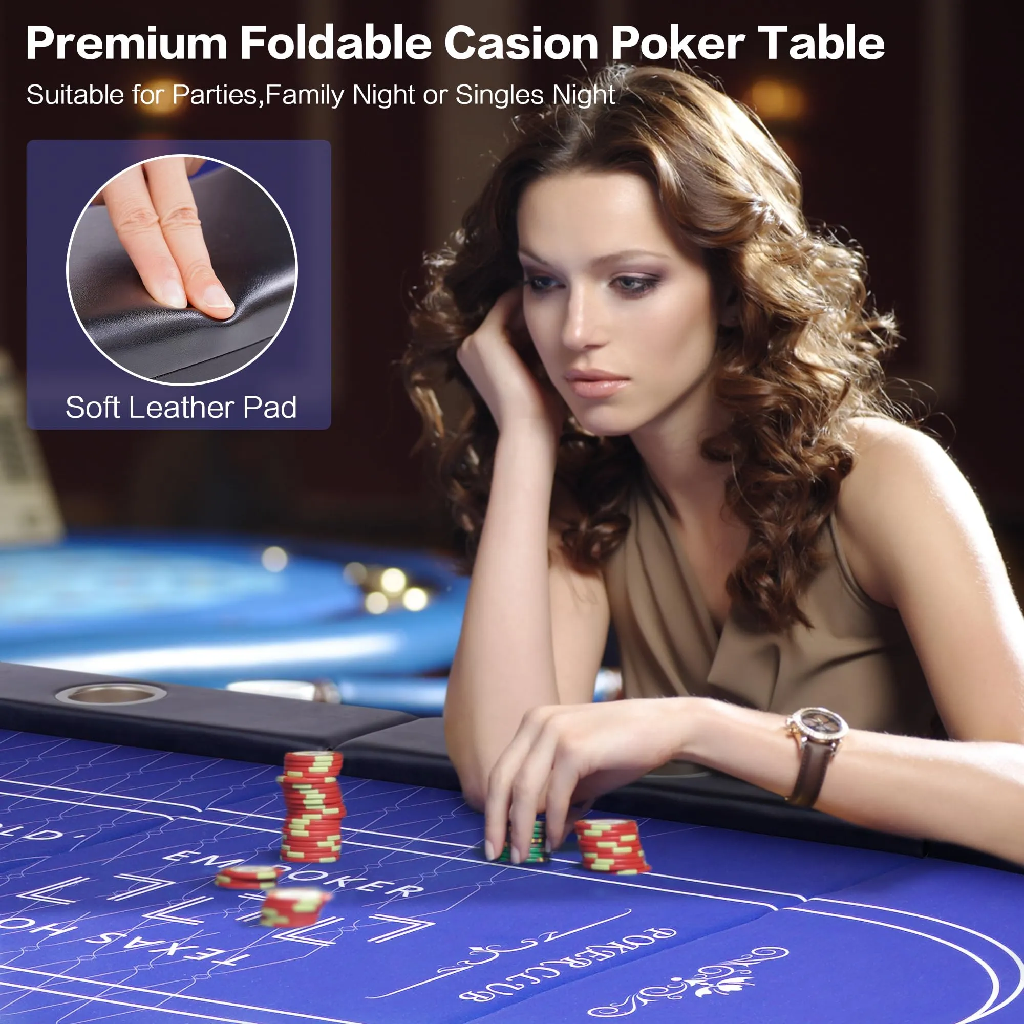 RAYKEEP 10 Player Poker Table Foldable, 84" Folding Blackjack Texas Holdem Table, Portable Casino Leisure Card Board Game Table with Cup Holders and Padded Rails for Game Room (Black)