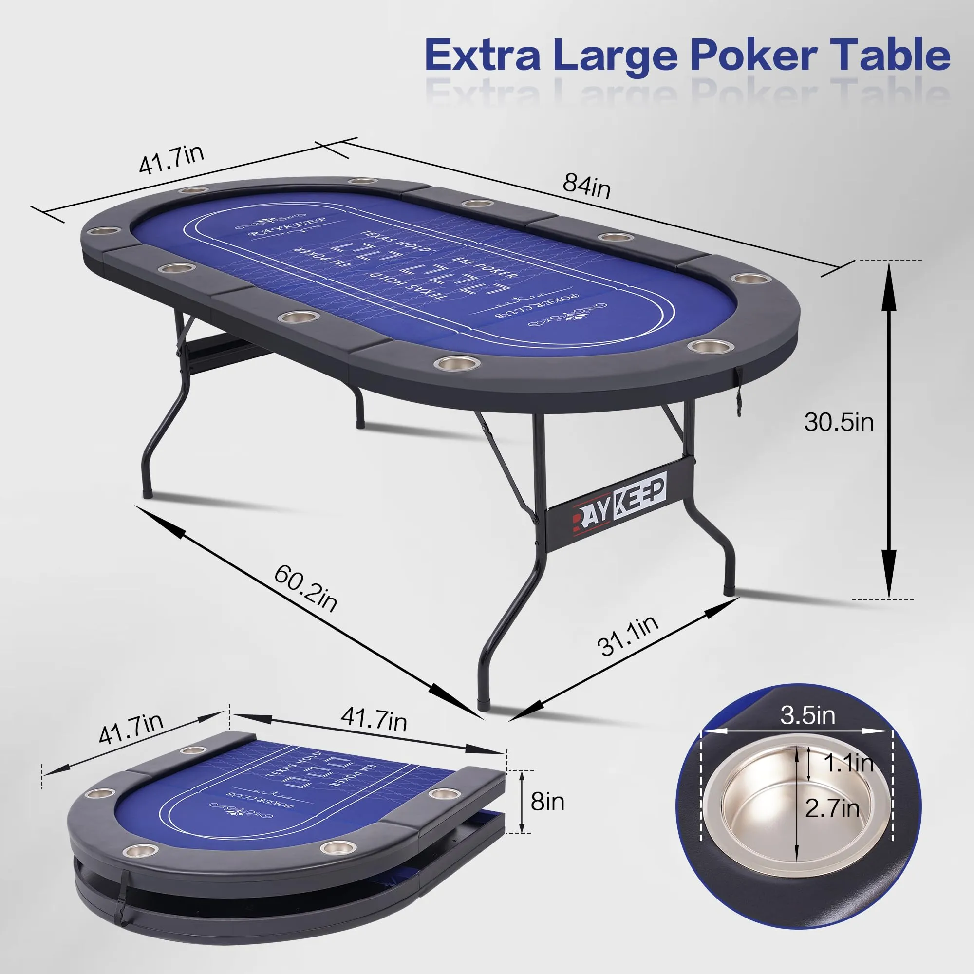 RAYKEEP 10 Player Poker Table Foldable, 84" Folding Blackjack Texas Holdem Table, Portable Casino Leisure Card Board Game Table with Cup Holders and Padded Rails for Game Room (Black)