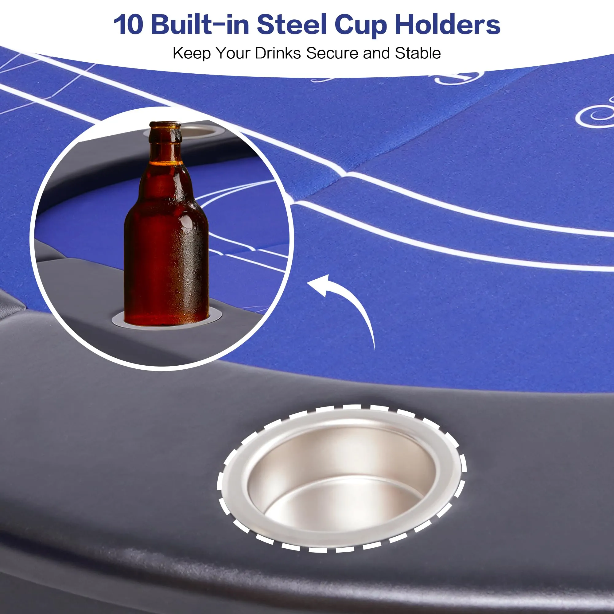 RAYKEEP 10 Player Poker Table Foldable, 84" Folding Blackjack Texas Holdem Table, Portable Casino Leisure Card Board Game Table with Cup Holders and Padded Rails for Game Room (Black)