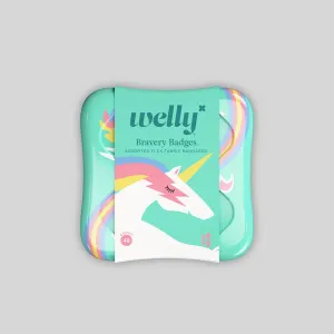 Welly Bandages Bravery Badges, Flexible Fabric, Adhesive, Assorted Shapes, Rainbow and Unicorn Patterns, 48 Count