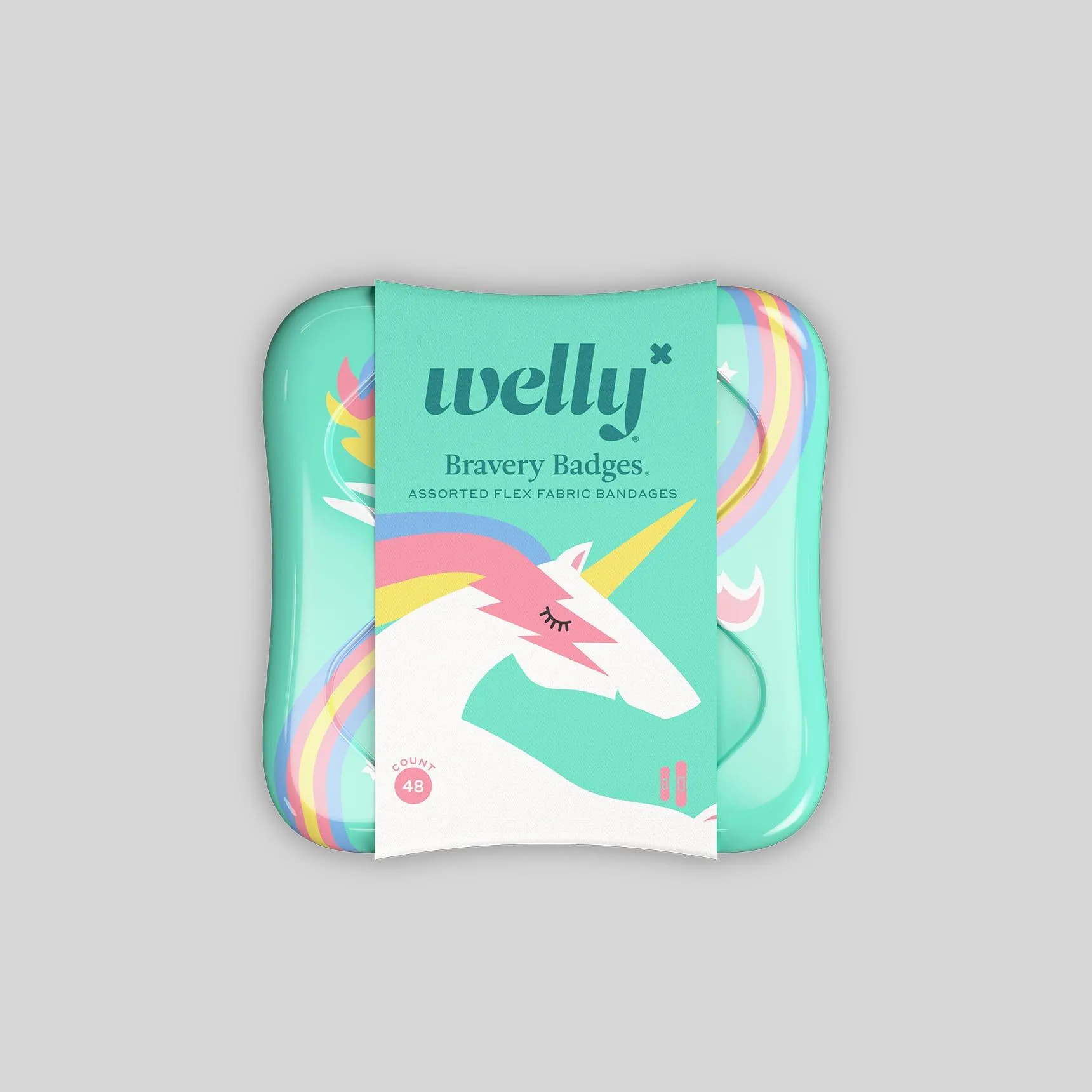 Welly Bandages Bravery Badges, Flexible Fabric, Adhesive, Assorted Shapes, Rainbow and Unicorn Patterns, 48 Count
